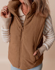 Coffee Corduroy Stand Neck Zipped Puffer Vest