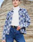 Light Blue Checkered Patchwork Button up Denim Jacket