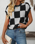 Mandy Checkered Round Neck Cap Sleeve Knit Top - Little Miss Vanilla