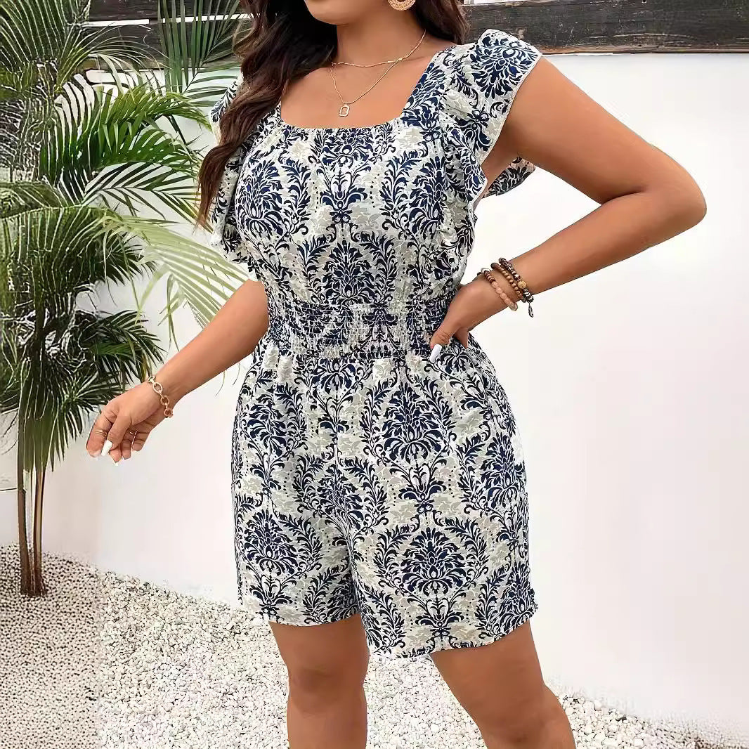 Plus Size Printed Sleeveless Smocking Fitted Waist Backless Vacation Style Jumpsuit - Little Miss Vanilla