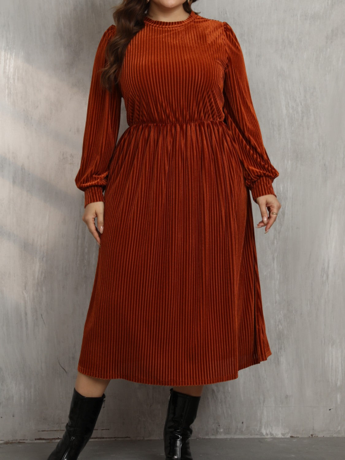 Plus Size Round Neck Long Sleeve Midi Dress - Little Miss Vanilla