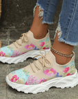 Women's Sports Shoes Flowers Print Walking Sneakers Casual Breathable Lace-up Mesh Shoes