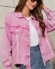 Lace Detail Distressed Button Up Denim Jacket - Little Miss Vanilla