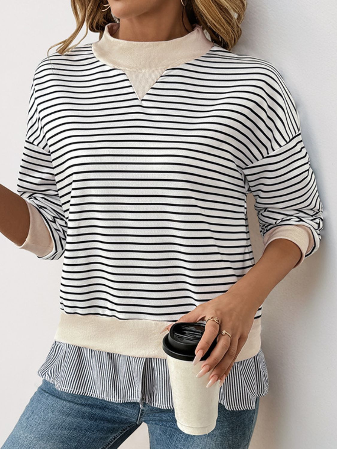 Perfee Faux Layered Striped Long Sleeve Sweatshirt - Little Miss Vanilla