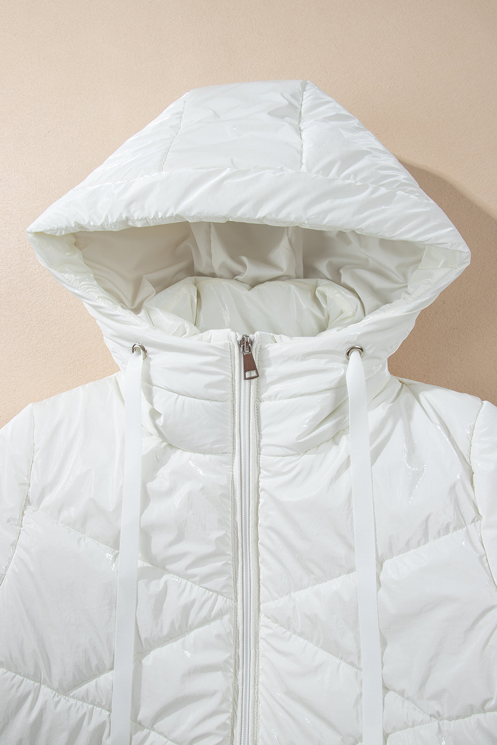 White Solid Quilted Hooded Zip Up Puffer Coat - Little Miss Vanilla