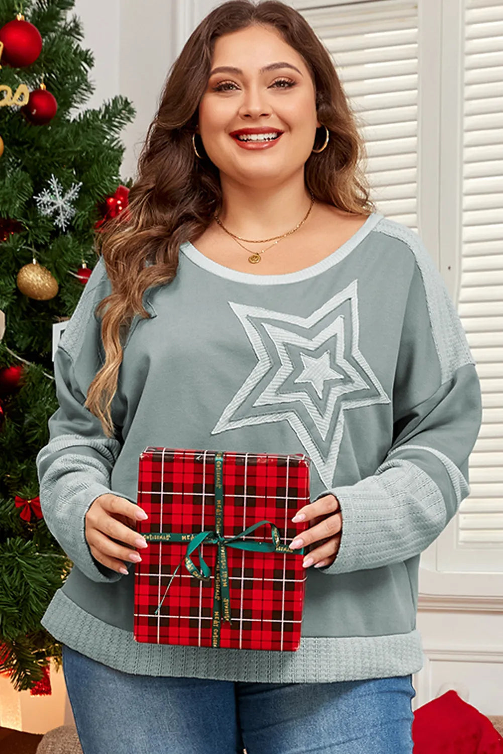 Plus Size Star Round Neck Long Sleeve Top - Little Miss Vanilla