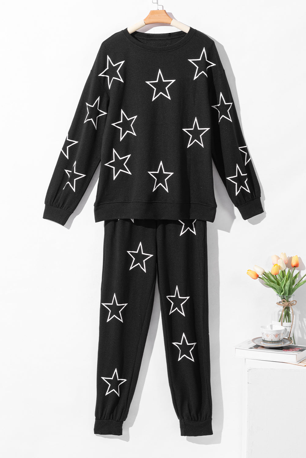 Black Stars Print Long Sleeve Drawstring High Waist Lounge Set - Little Miss Vanilla