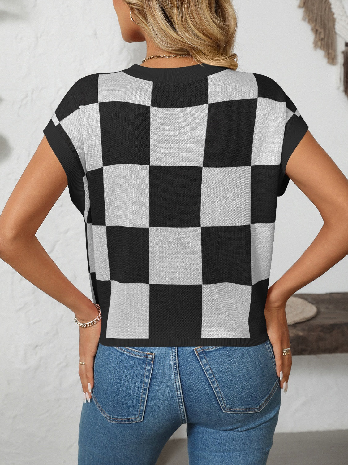 Mandy Checkered Round Neck Cap Sleeve Knit Top - Little Miss Vanilla