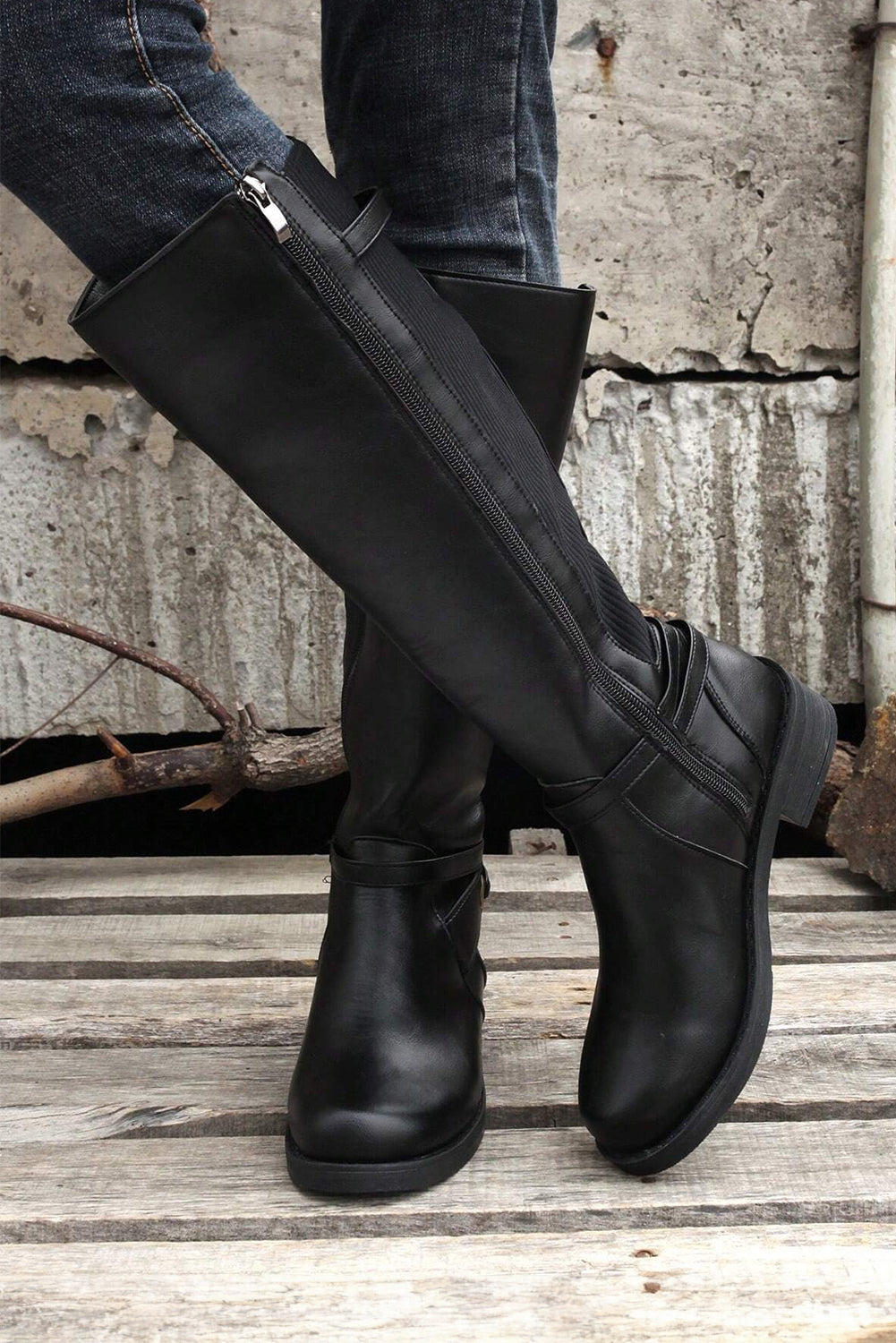 Black Side Zipper Knee High Chunky Low Heel Boots - Little Miss Vanilla