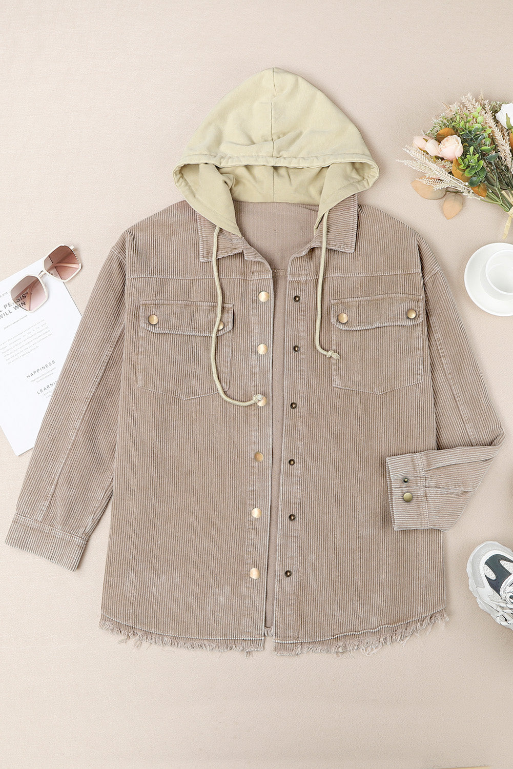 Khaki Patchwork Hooded Corduroy Shacket - Little Miss Vanilla