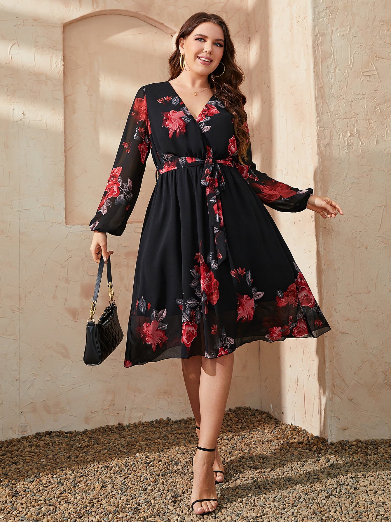 Honey Plus Size Floral Surplice Neck Tie Waist Dress - Little Miss Vanilla