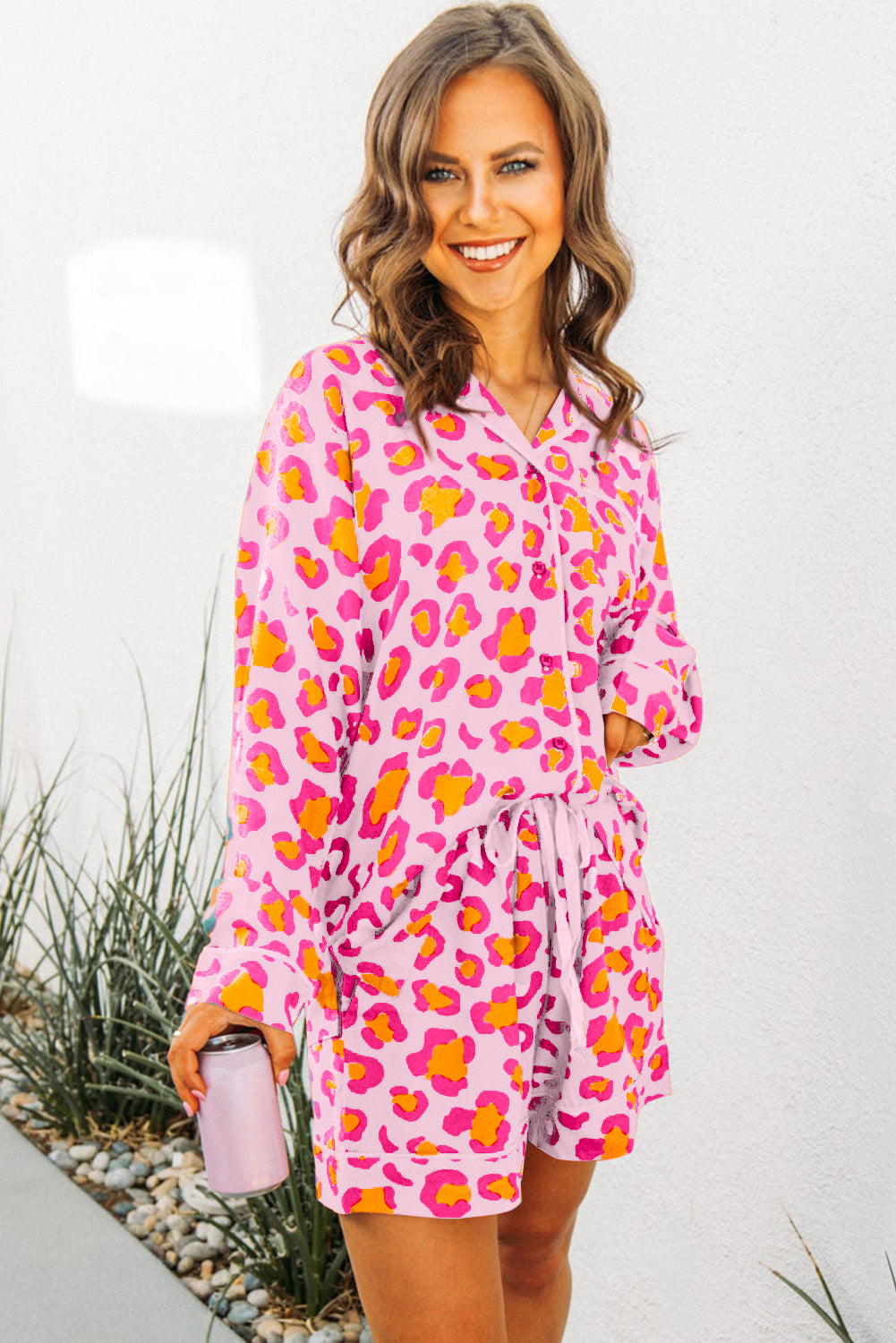 Pink Leopard Print Long Sleeve Shirt and Shorts Pajama Set - Little Miss Vanilla