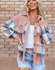 Light Pink Plaid Corduroy Patchwork Chest Pocket Shacket