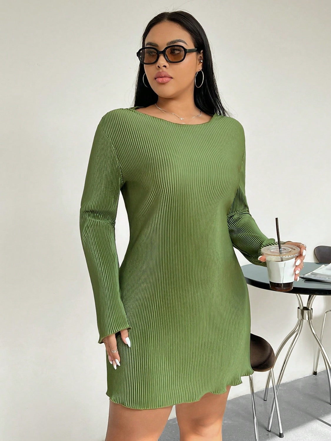 Honey Plus Size Lettuce Hem Round Neck Long Sleeve Dress - Little Miss Vanilla