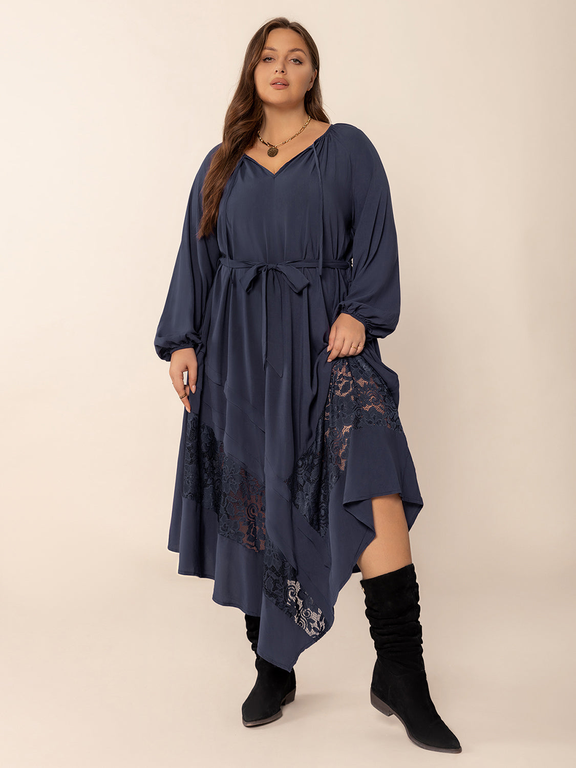 Plus Size Lace Detail Tie Neck Long Sleeve Midi Dress - Little Miss Vanilla