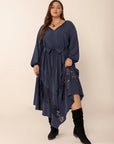 Plus Size Lace Detail Tie Neck Long Sleeve Midi Dress - Little Miss Vanilla