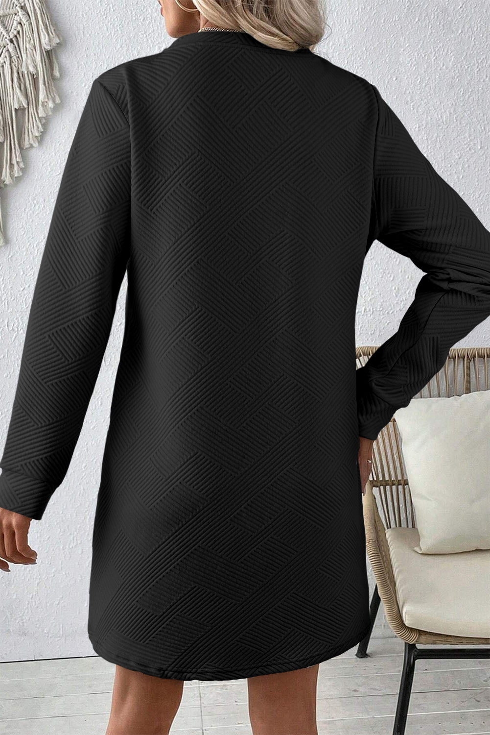 Black Solid Color Textured Long Sleeve Shift Dress - Little Miss Vanilla