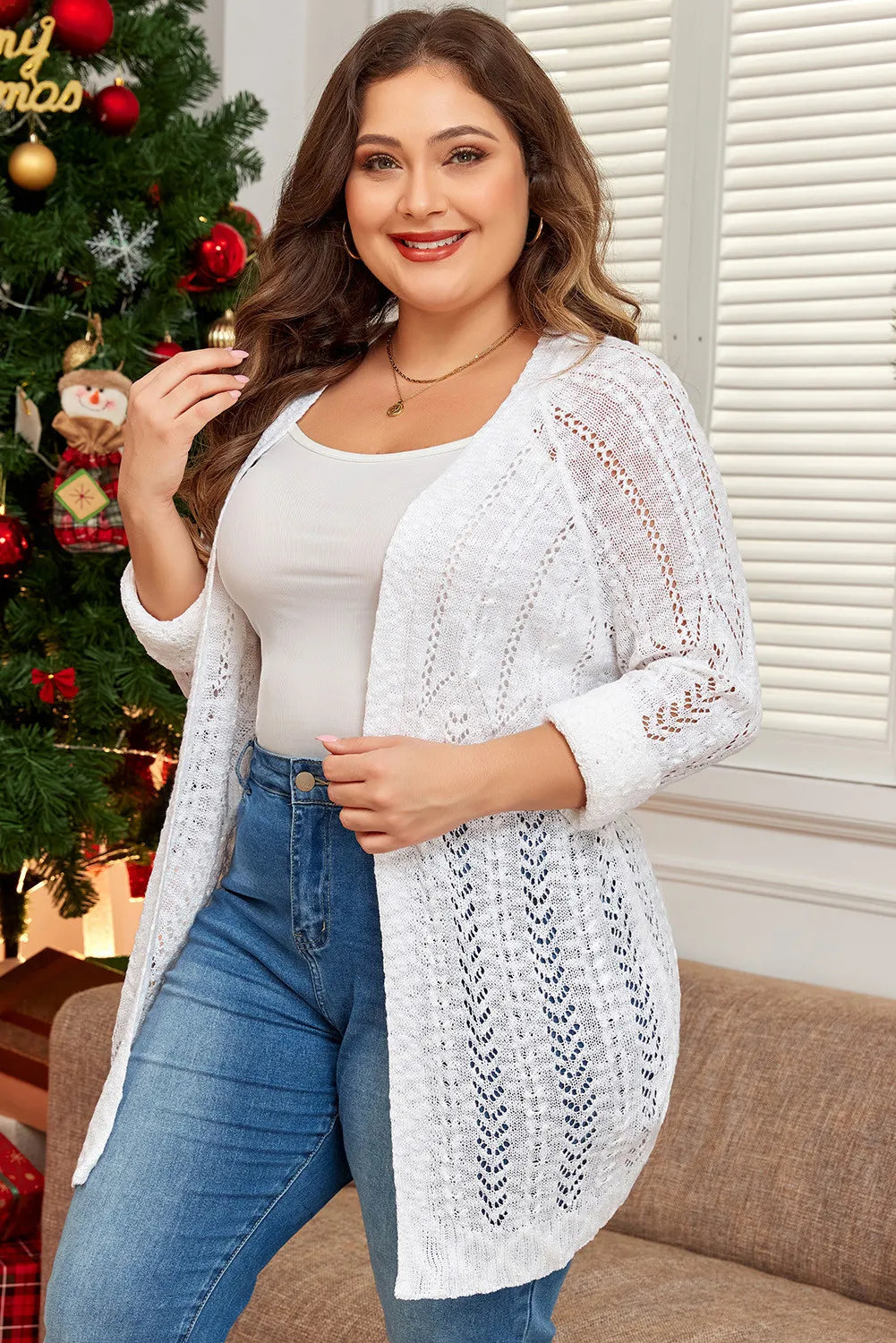 Plus Size Openwork Open Front Long Sleeve Cardigan - Little Miss Vanilla