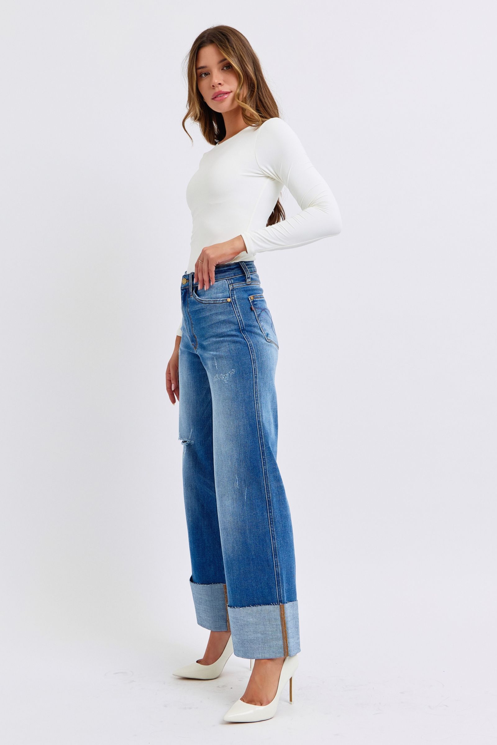 Judy Blue Full Size Distressed High Waist Wide Leg Jeans - Little Miss Vanilla