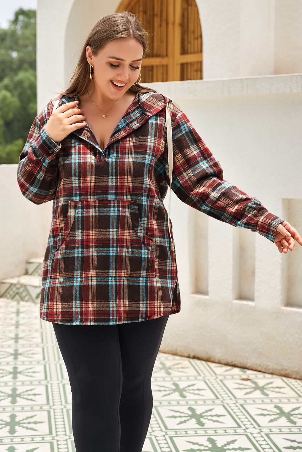 Plus Size Drawstring Plaid Quarter Button Hoodie - Little Miss Vanilla