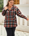 Plus Size Drawstring Plaid Quarter Button Hoodie - Little Miss Vanilla