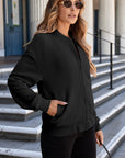 Black Solid Textured Stand Neck Zipper Bomber Jacket - Little Miss Vanilla