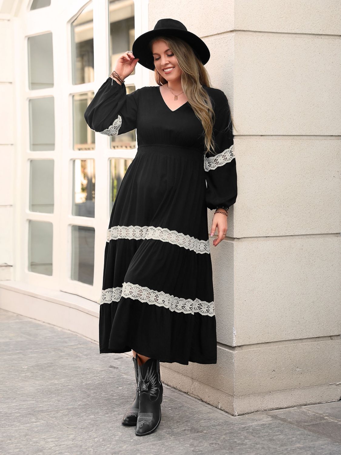 Plus Size Lace Detail V-Neck Long Sleeve Midi Dress - Little Miss Vanilla