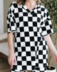 Black Checkerboard Print V Neck Loose Tee and Shorts Lounge Set