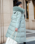 Winter Slim Long Jacket With Fur Hood And Belt Fashion Solid Hooded Coat Warm Clothing For Women