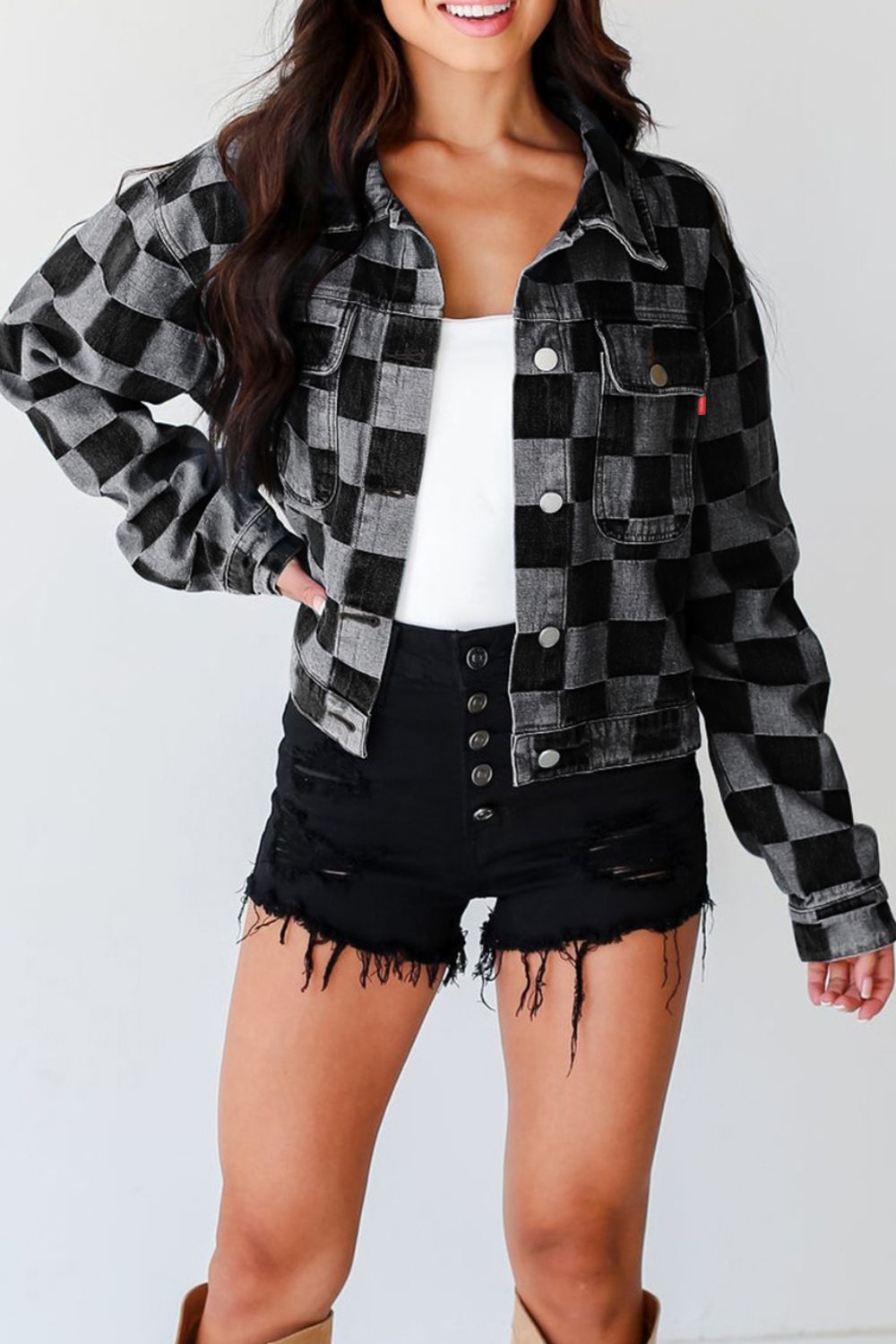 Checkered Button Up Denim Jacket - Little Miss Vanilla