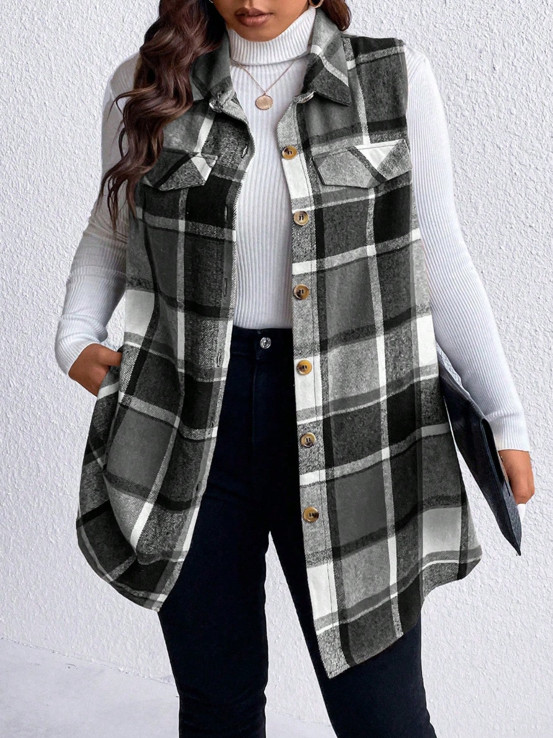 Honey Plus Size Pocketed Plaid Button Up Vest Coat - Little Miss Vanilla