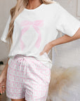 Pink Bow Knot Print Loose Fit Two Piece Casual Lounge Set