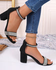 Rhinestone High Heel Sandals Summer Chunky Square Heel Sandals Open Toe Strappy Shoes