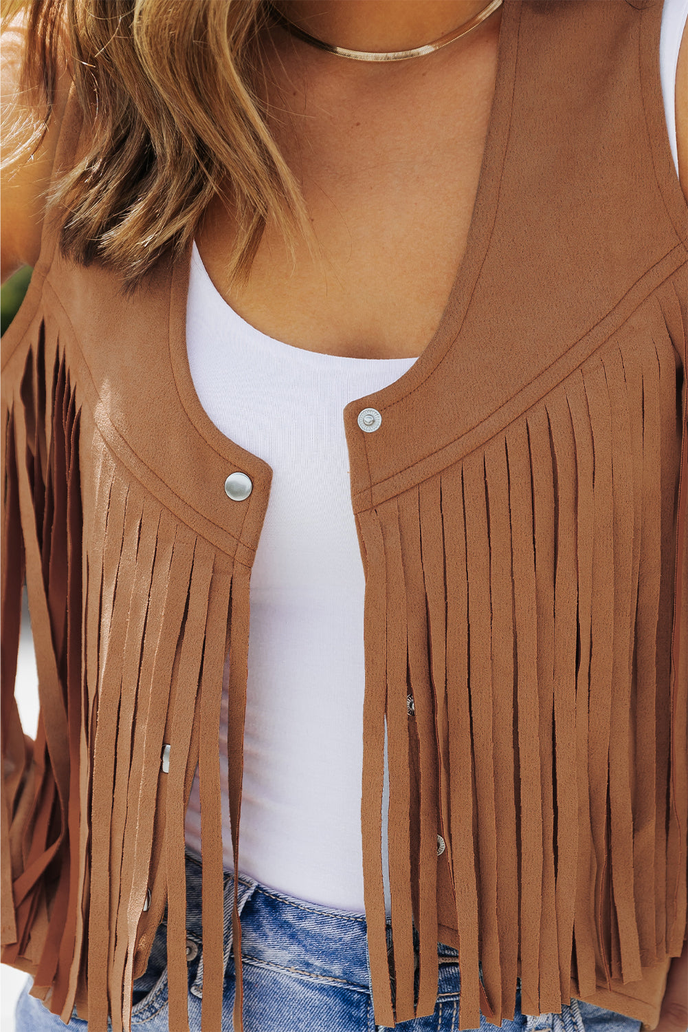 Camel Fringed Snap Button Front Suedette Vest - Little Miss Vanilla