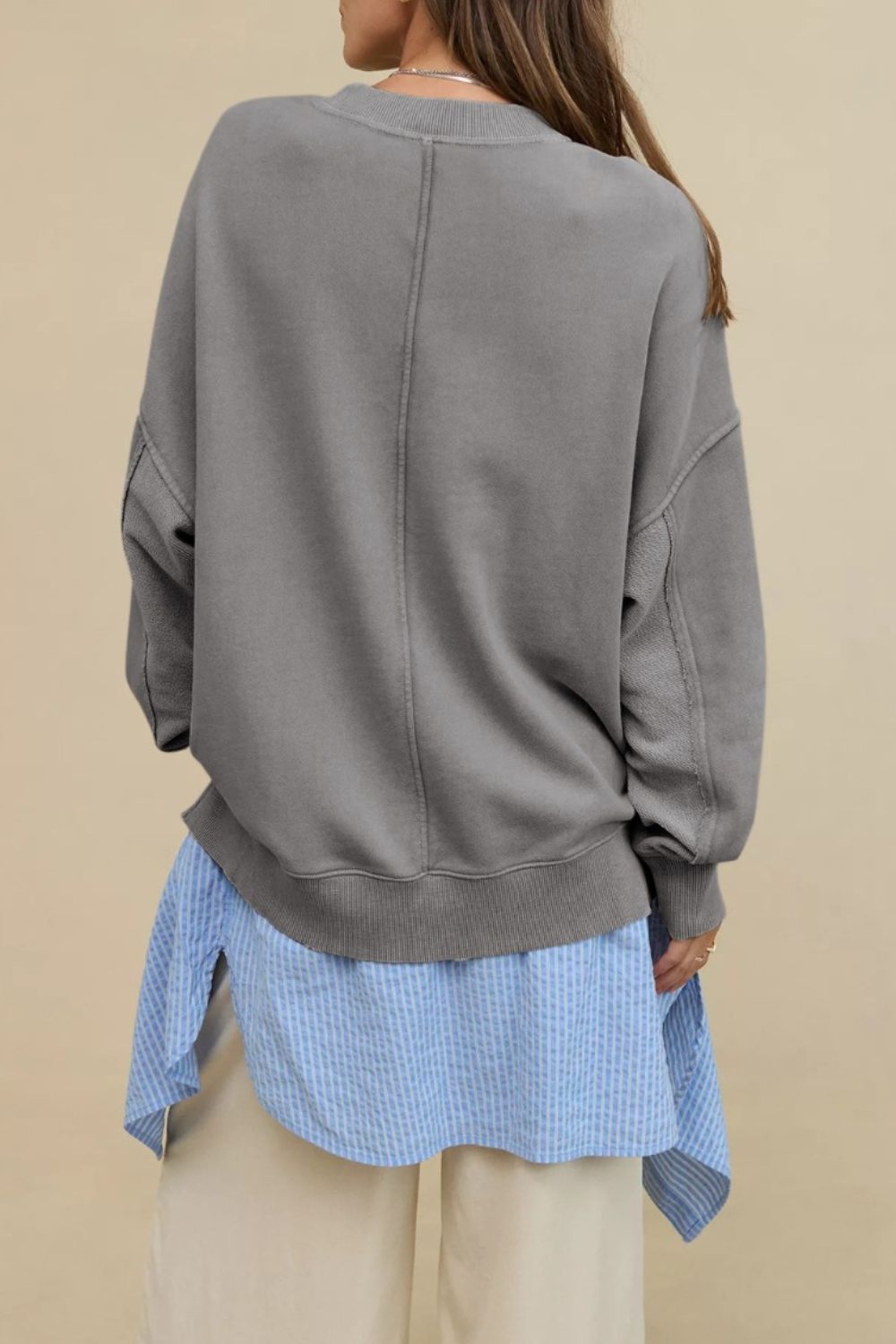 Side Slit Round Neck Long Sleeve Sweatshirt - Little Miss Vanilla