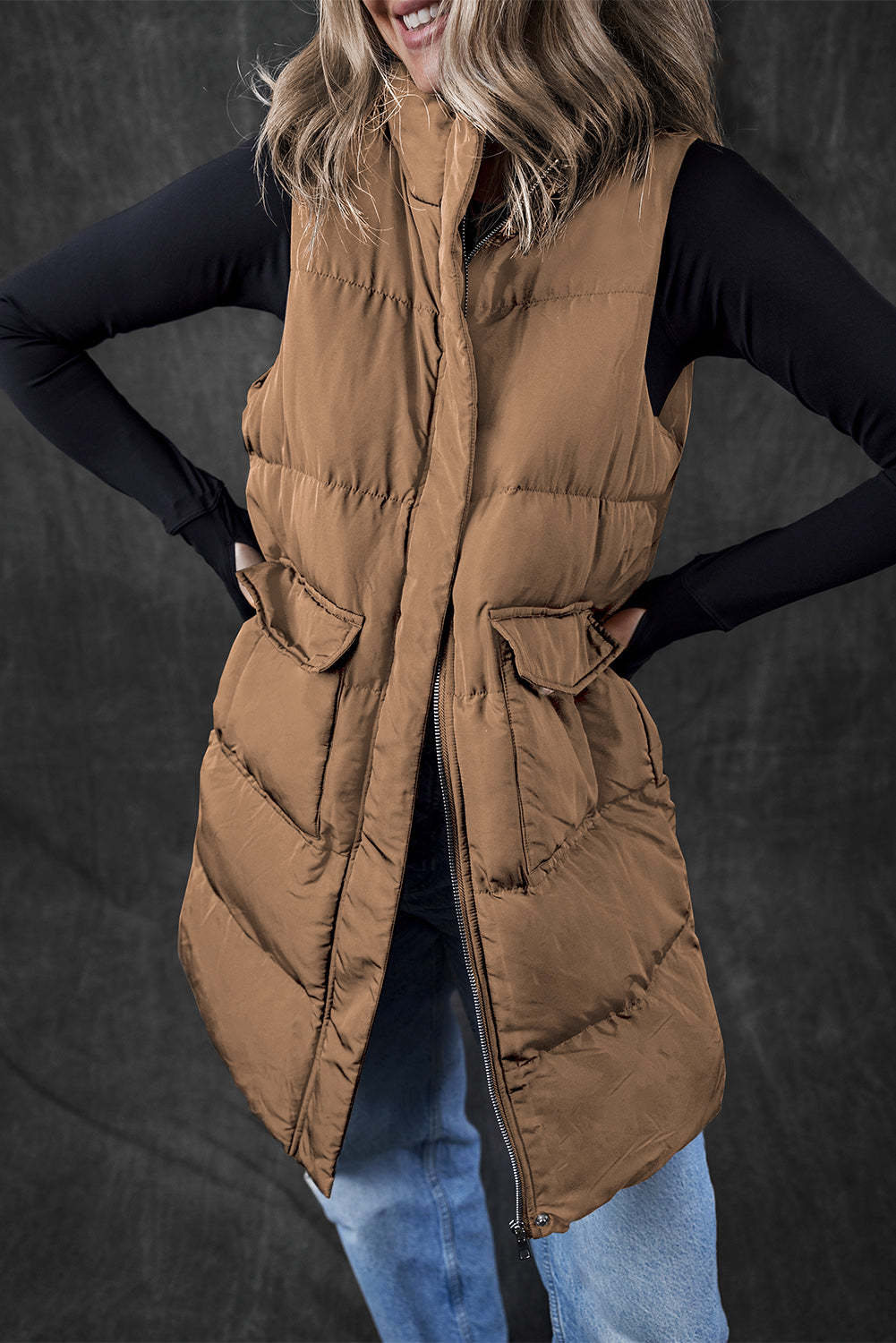 Coffee Windproof Longline Full Zipper Puffer Vest with Pockets - Little Miss Vanilla