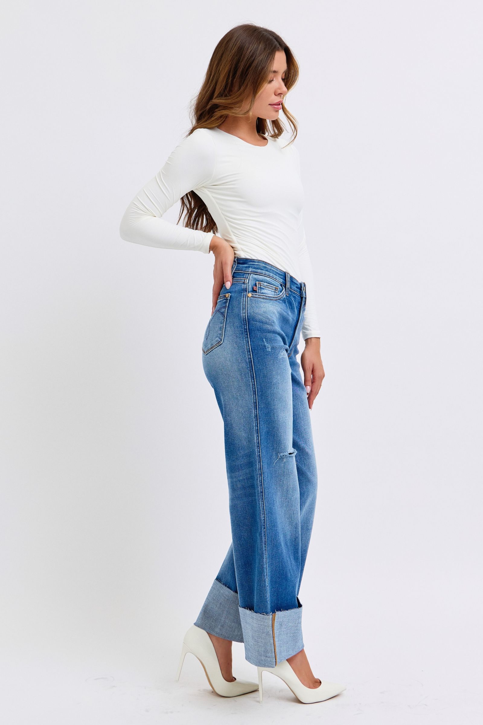 Judy Blue Full Size Distressed High Waist Wide Leg Jeans - Little Miss Vanilla