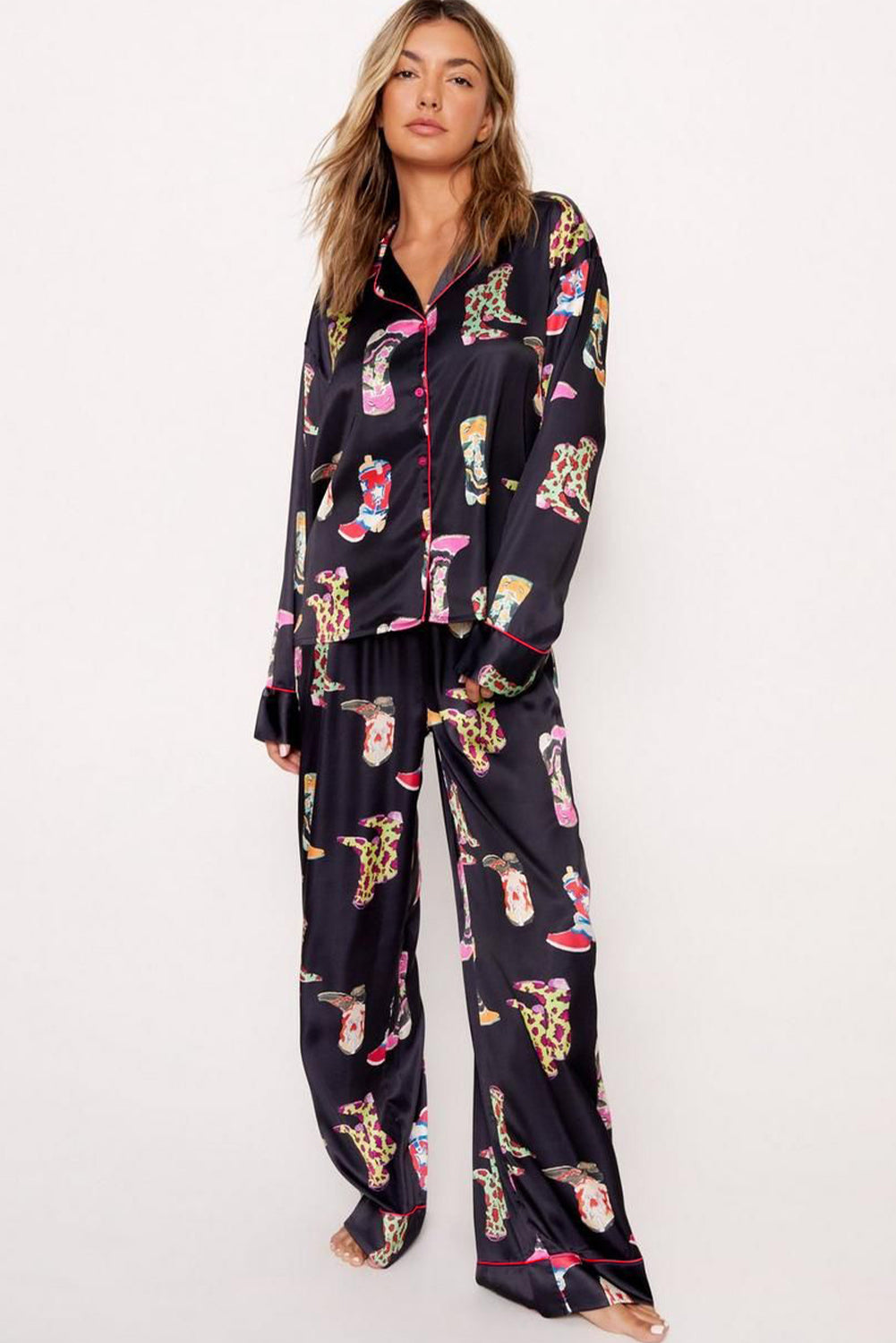 Black Western Cowgirl Boots Printed Satin Long Pajama Set - Little Miss Vanilla