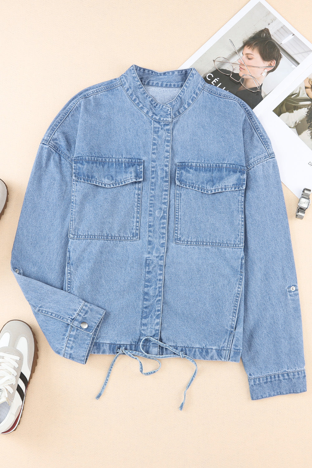 Drawstring Snap Down Denim Jacket with Chest Pockets - Little Miss Vanilla