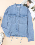 Drawstring Snap Down Denim Jacket with Chest Pockets - Little Miss Vanilla