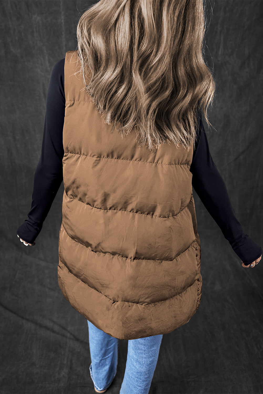 Coffee Windproof Longline Full Zipper Puffer Vest with Pockets - Little Miss Vanilla