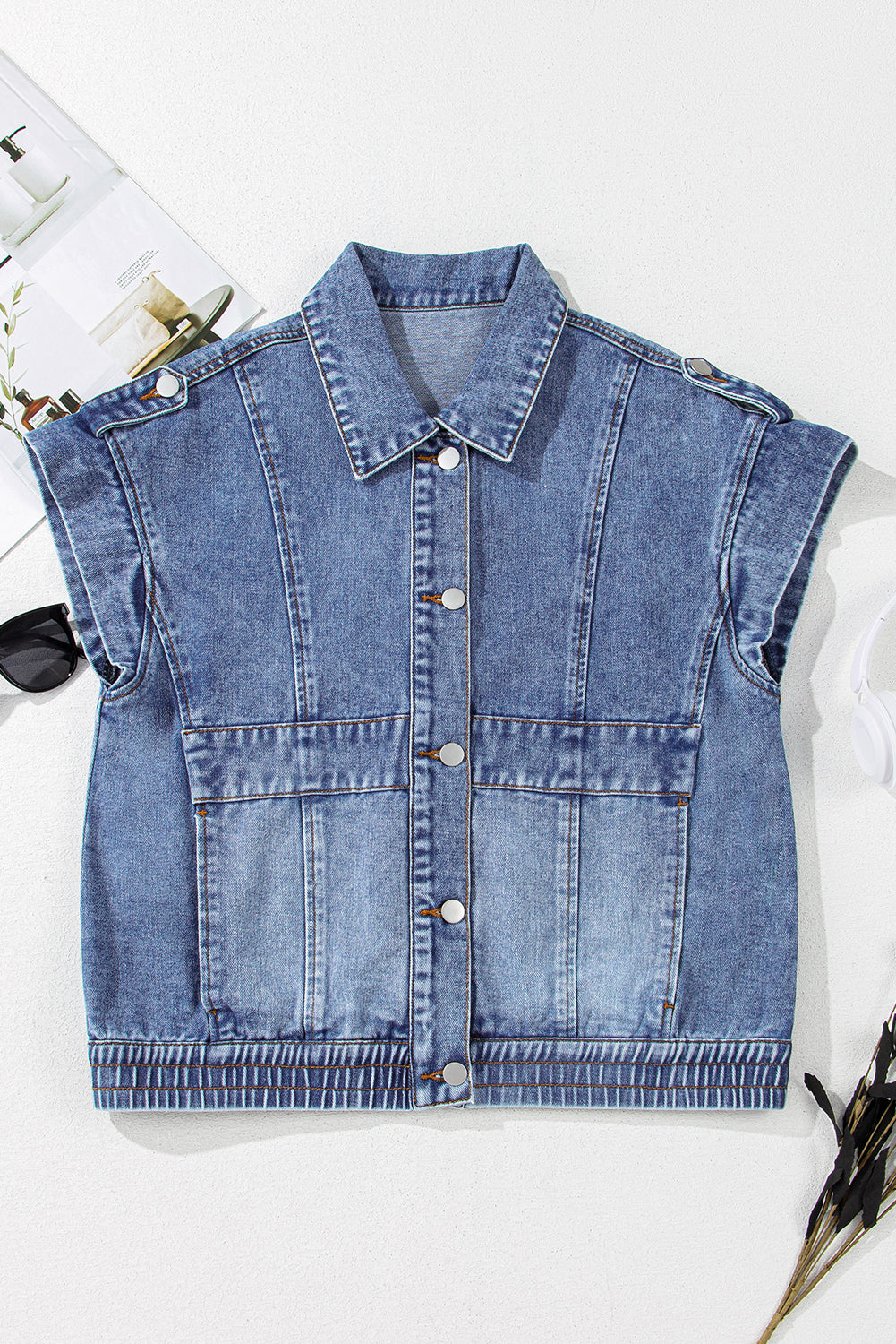 Ashleigh Blue Acid Wash Elastic Hem Button Up Denim Vest - Little Miss Vanilla