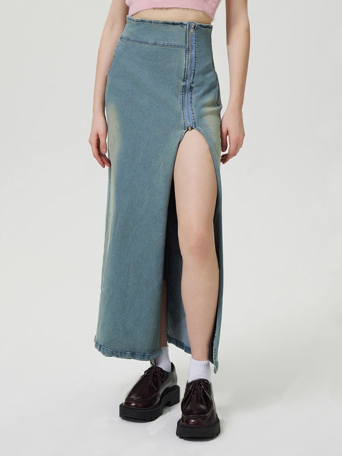 Slit Denim Skirt with Zip - Little Miss Vanilla