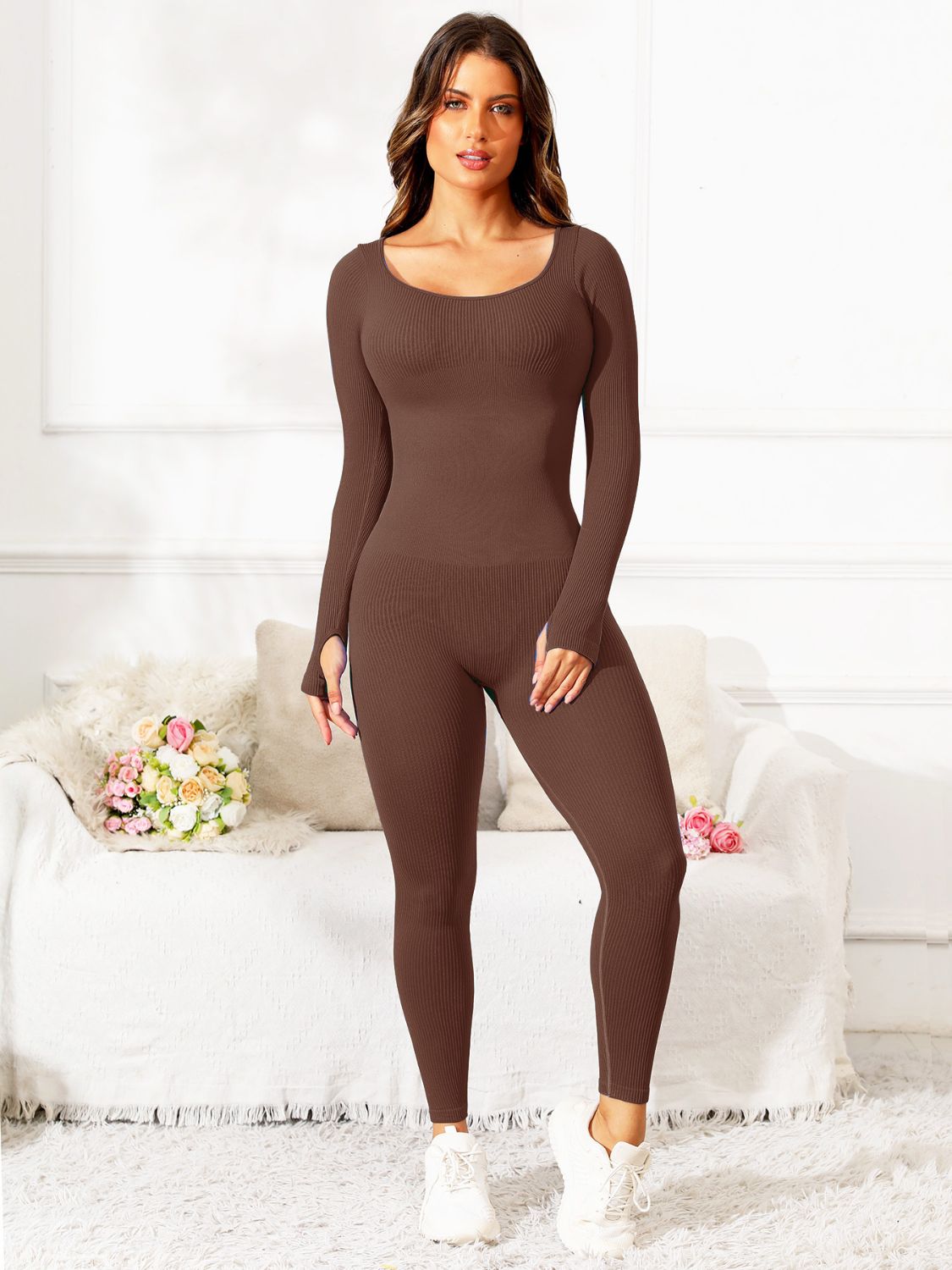 Scoop Neck Long Sleeve Active Jumpsuit - Little Miss Vanilla