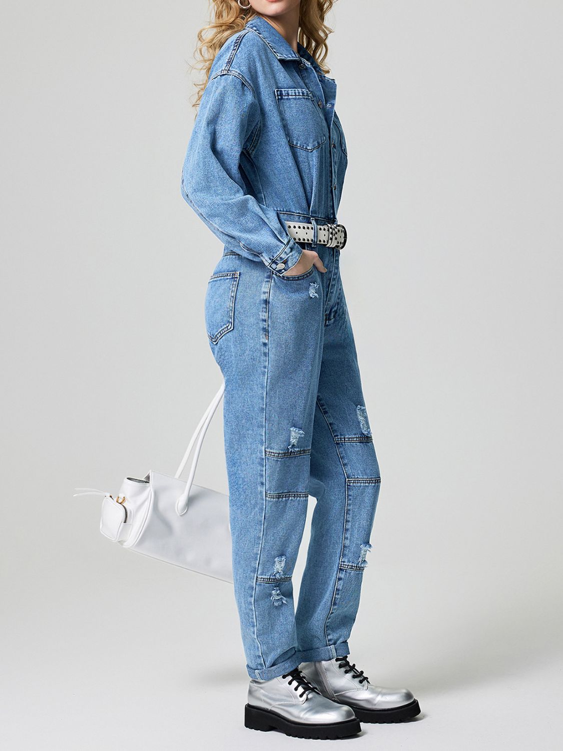 Distressed Button Down Drop Shoulder Denim Jumpsuit - Little Miss Vanilla