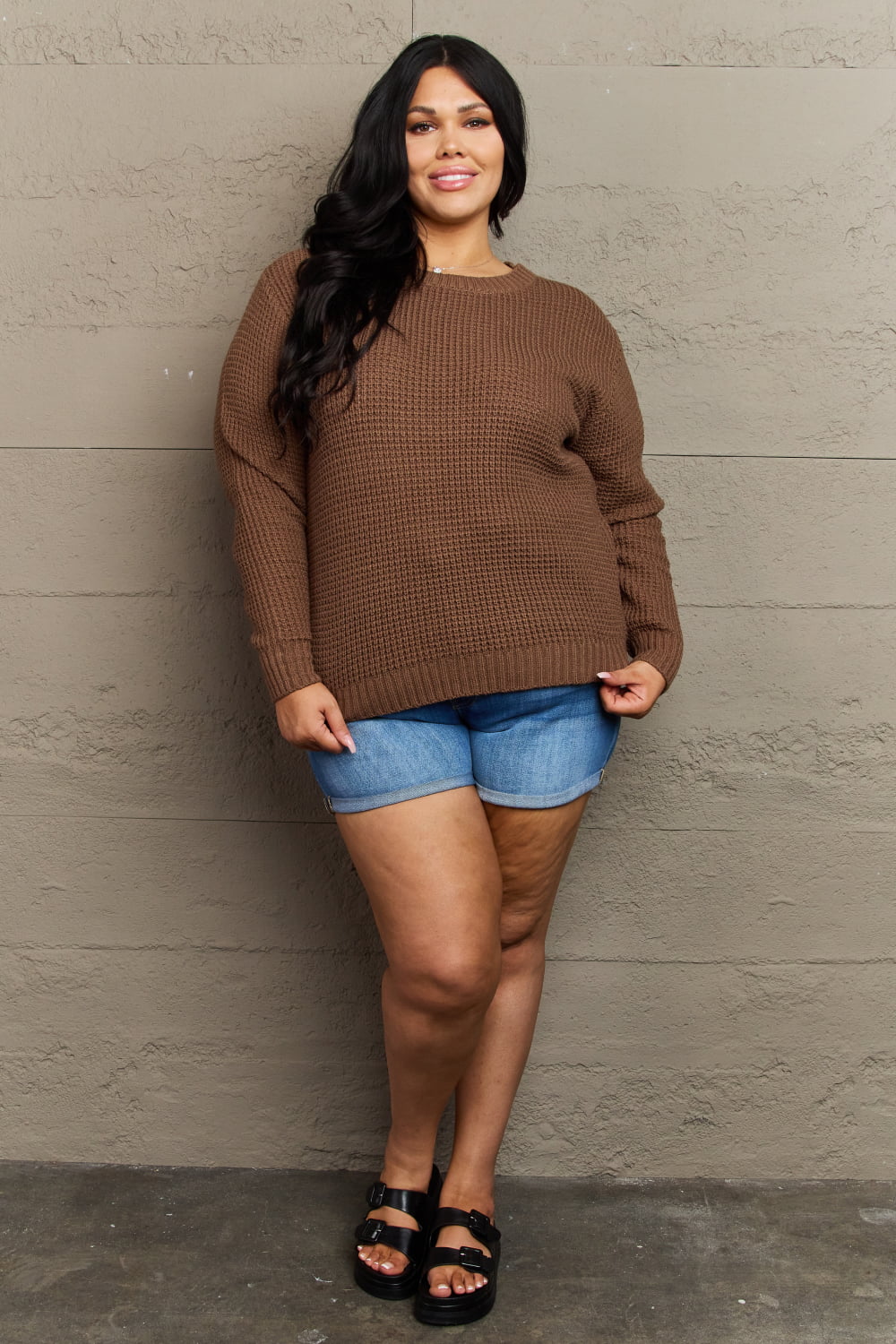 Zenana Breezy Days Plus Size High Low Waffle Knit Sweater - Little Miss Vanilla