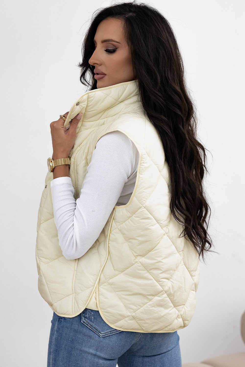 Beige Quilted High Neck Button Up Pocket Vest Coat - Little Miss Vanilla