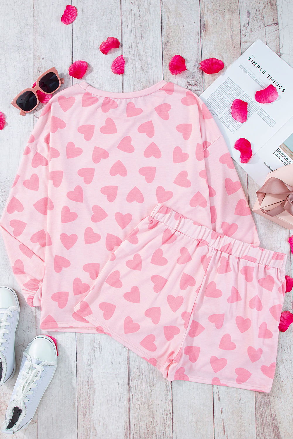 Pink Valentine Heart Shape Print Long Sleeve Top Shorts Lounge Set - Little Miss Vanilla