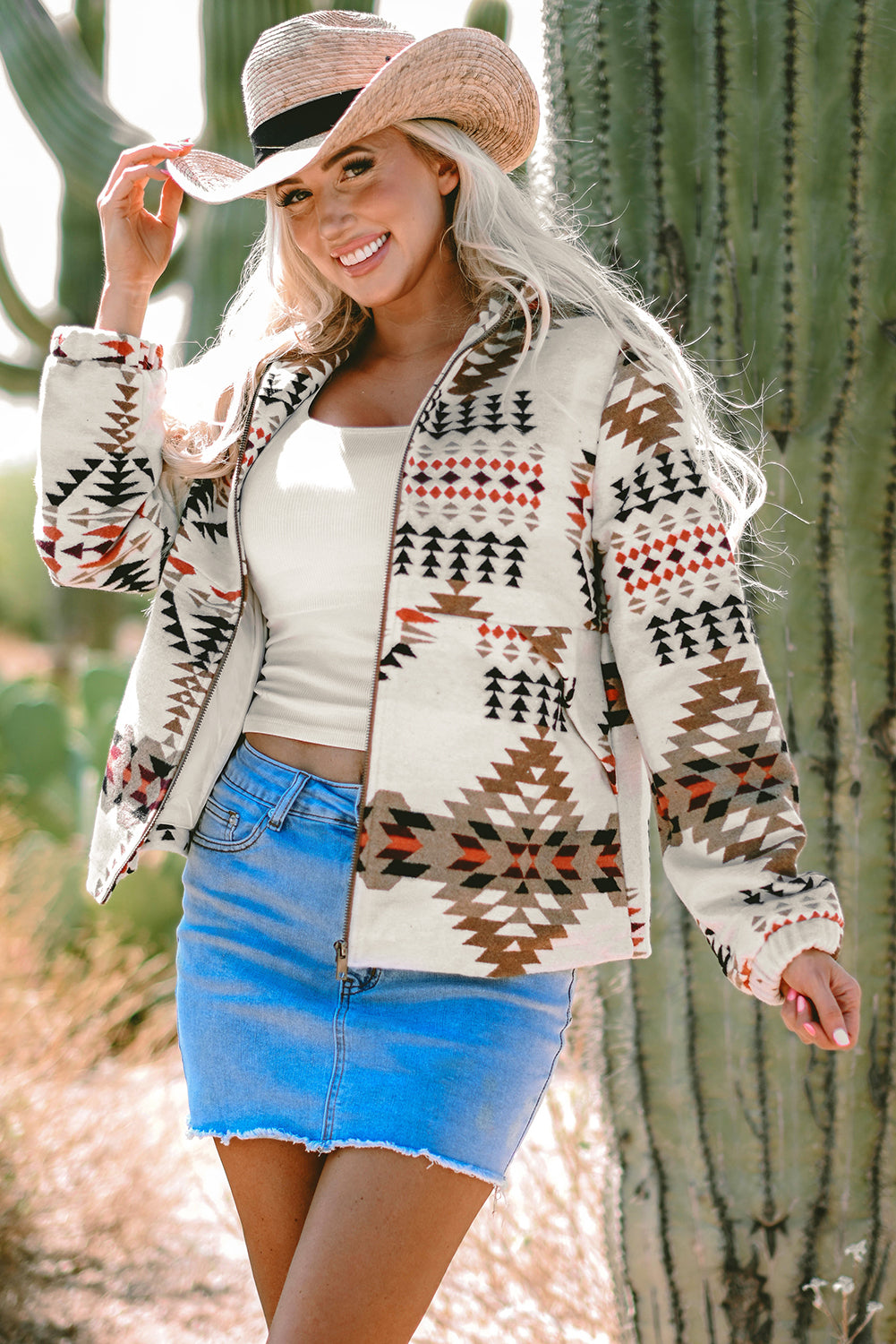 Beige Aztec Printed Stand Neck Zip Up Jacket - Little Miss Vanilla