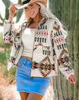 Beige Aztec Printed Stand Neck Zip Up Jacket - Little Miss Vanilla